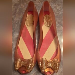 Melissa + Vivenne Westwood Metallic Copper Peep-Toe Bow Flats